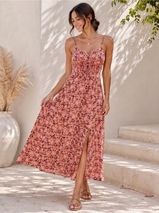 Rewind Dresses & Skirts - Pink Floral Boho Tie Front Slit Maxi Dress L